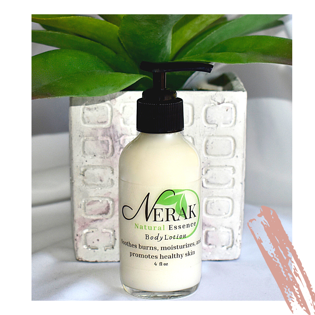 Clear bottle of NERAK Lotion with black top. Plant in the background